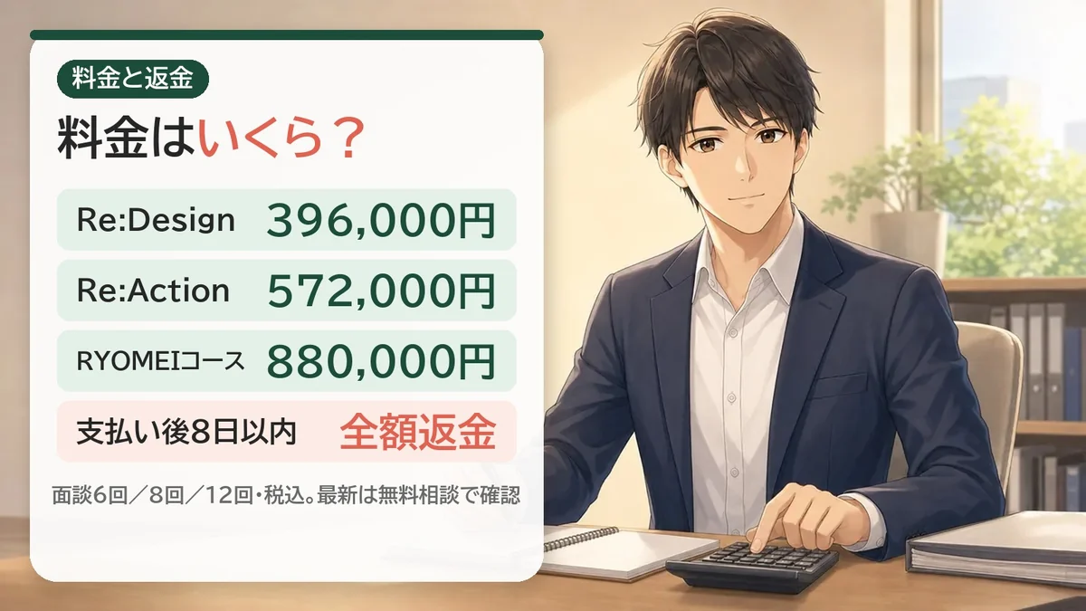 RYOMEIの料金はいくら？Re:Designコース396,000円（面談6回・90日）、Re:Actionコース572,000円（面談8回・135日）、RYOMEIコース880,000円（面談12回・180日）。税込・公式料金表より