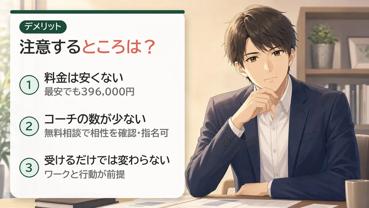 RYOMEIのデメリット3つ。料金は安くない、コーチの数が少ない、受けるだけでは変わらない