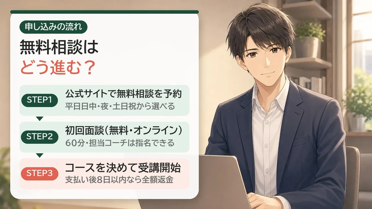 RYOMEIの無料相談から受講までの3ステップ。STEP1 公式サイトで無料相談を予約、STEP2 初回面談は無料・オンライン、STEP3 コースを決めて受講開始